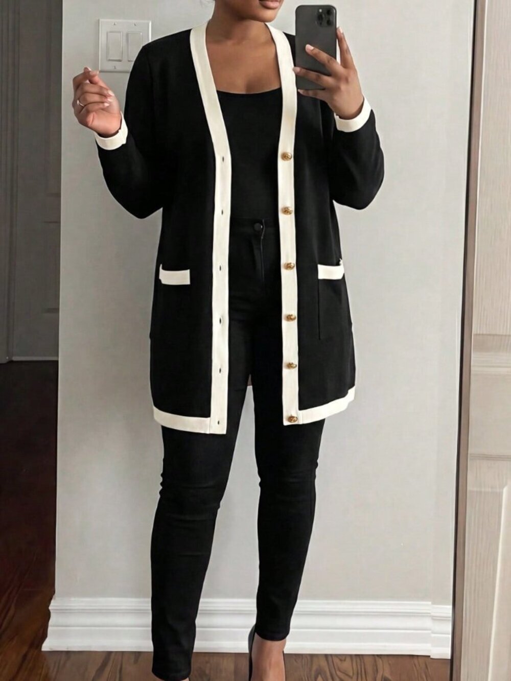 Black Elegant Women's Plus Size Long Warm Cardigan with Metal Button Closure